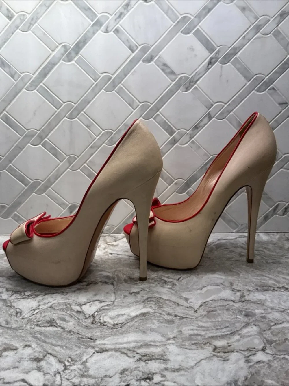 Casadei Ivory Red Trim Peep Toe Platform Heels Bow Pumps - Picture 3 of 13